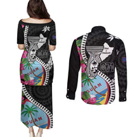 Biba Guam Liberation Day Couples Matching Puletasi and Long Sleeve Button Shirt Tano y Chamoru Latte Stone Black LT14 - Polynesian Pride