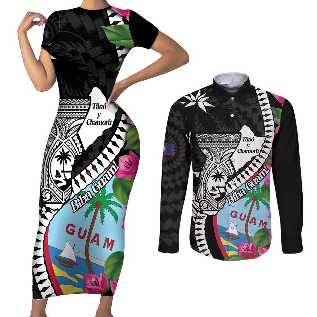 Biba Guam Liberation Day Couples Matching Short Sleeve Bodycon Dress and Long Sleeve Button Shirt Tano y Chamoru Latte Stone Black