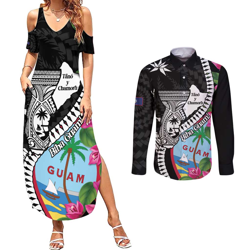 Biba Guam Liberation Day Couples Matching Summer Maxi Dress and Long Sleeve Button Shirt Tano y Chamoru Latte Stone Black