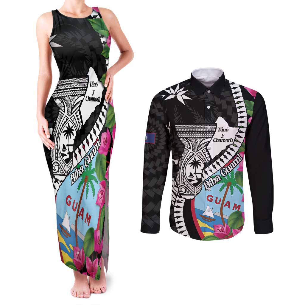 Biba Guam Liberation Day Couples Matching Tank Maxi Dress and Long Sleeve Button Shirt Tano y Chamoru Latte Stone Black LT14 Black - Polynesian Pride