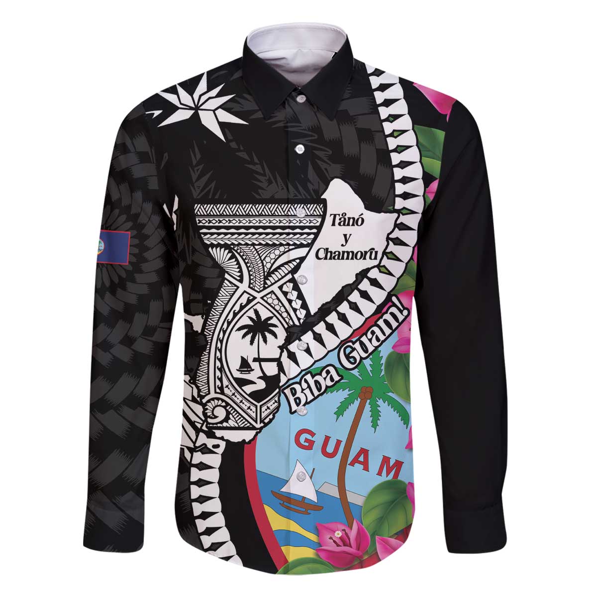 Biba Guam Liberation Day Family Matching Off The Shoulder Long Sleeve Dress and Hawaiian Shirt Tano y Chamoru Latte Stone Black