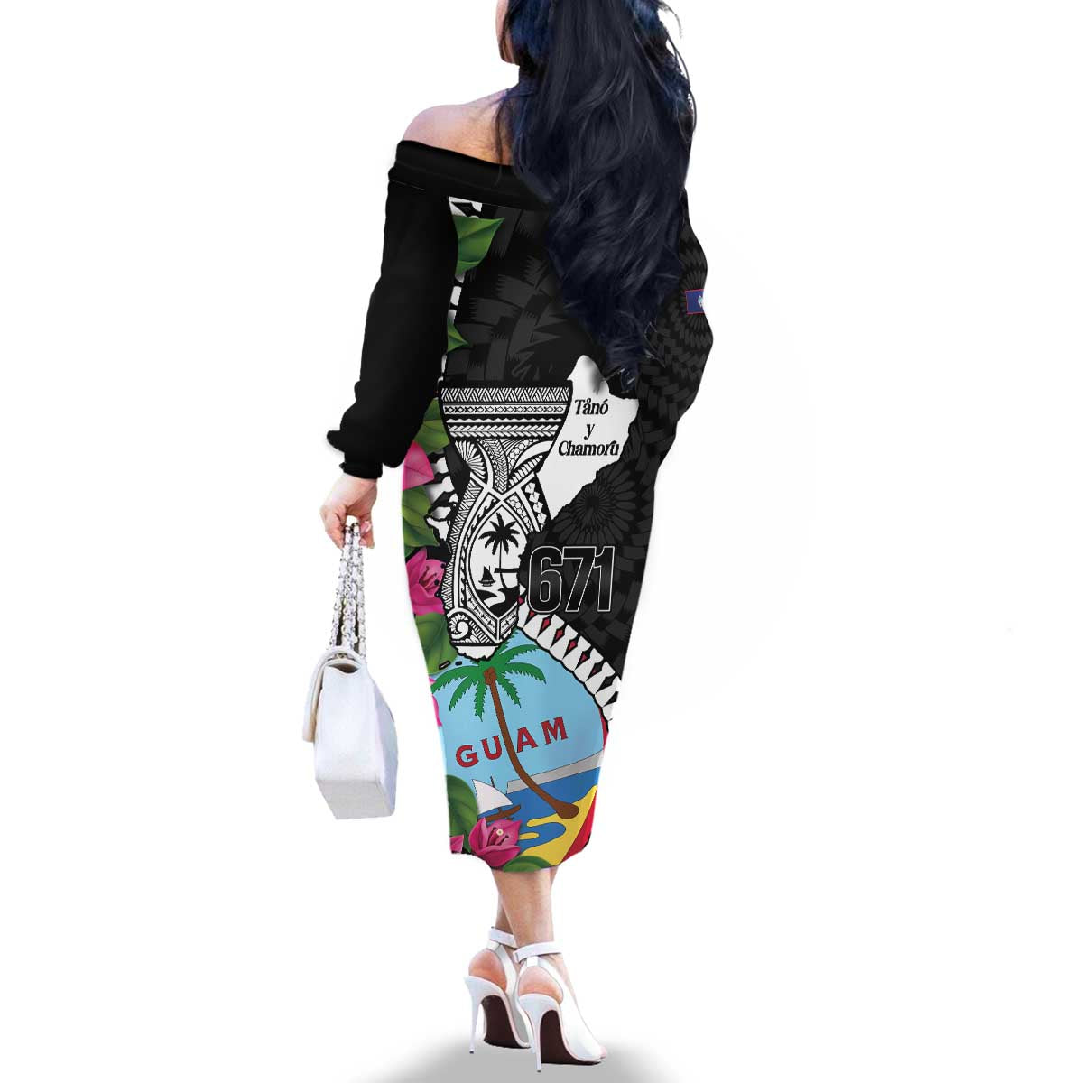 Biba Guam Liberation Day Family Matching Off The Shoulder Long Sleeve Dress and Hawaiian Shirt Tano y Chamoru Latte Stone Black