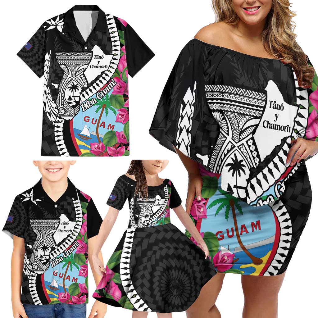 Biba Guam Liberation Day Family Matching Off Shoulder Short Dress and Hawaiian Shirt Tano y Chamoru Latte Stone Black