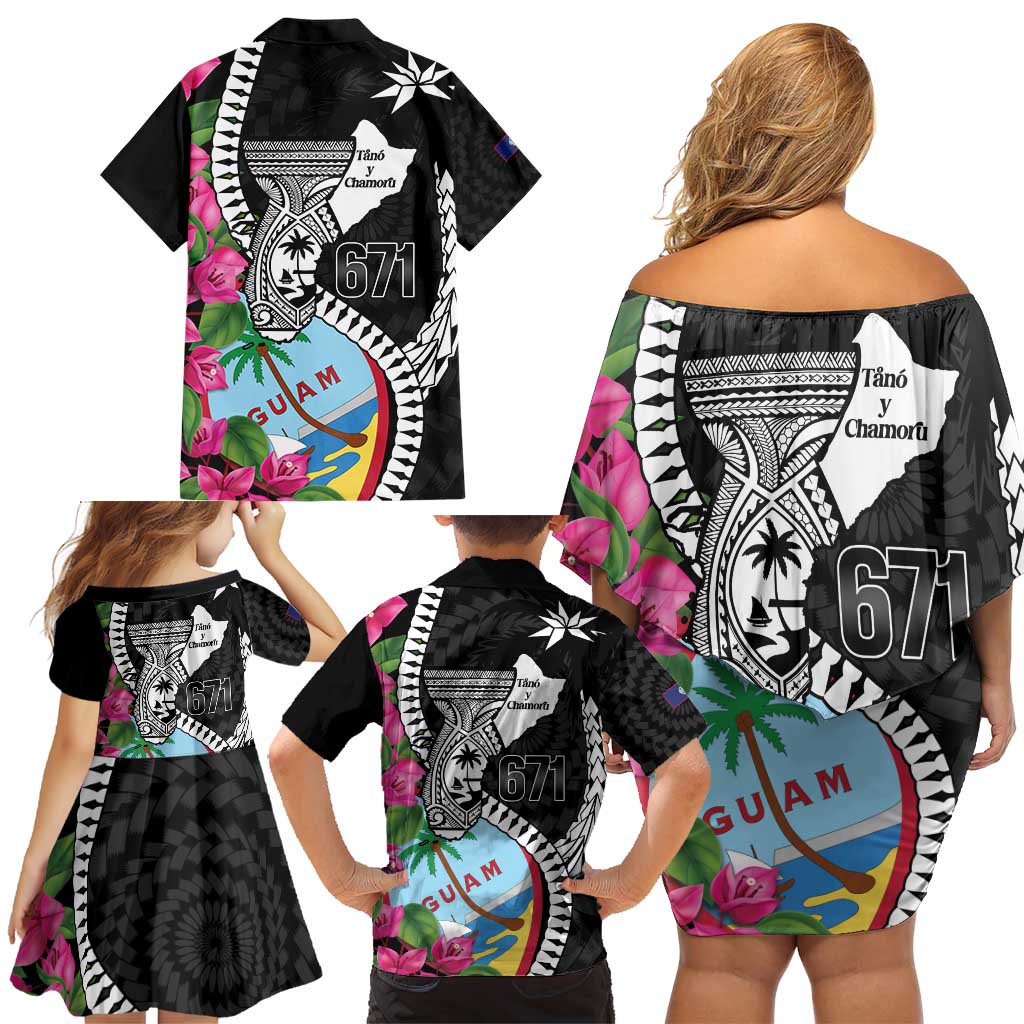 Biba Guam Liberation Day Family Matching Off Shoulder Short Dress and Hawaiian Shirt Tano y Chamoru Latte Stone Black