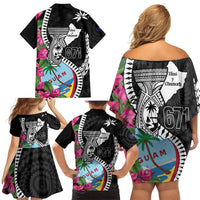 Biba Guam Liberation Day Family Matching Off Shoulder Short Dress and Hawaiian Shirt Tano y Chamoru Latte Stone Black
