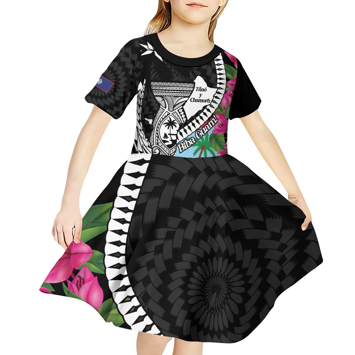 Biba Guam Liberation Day Kid Short Sleeve Dress Tano y Chamoru Latte Stone Black LT14 - Polynesian Pride