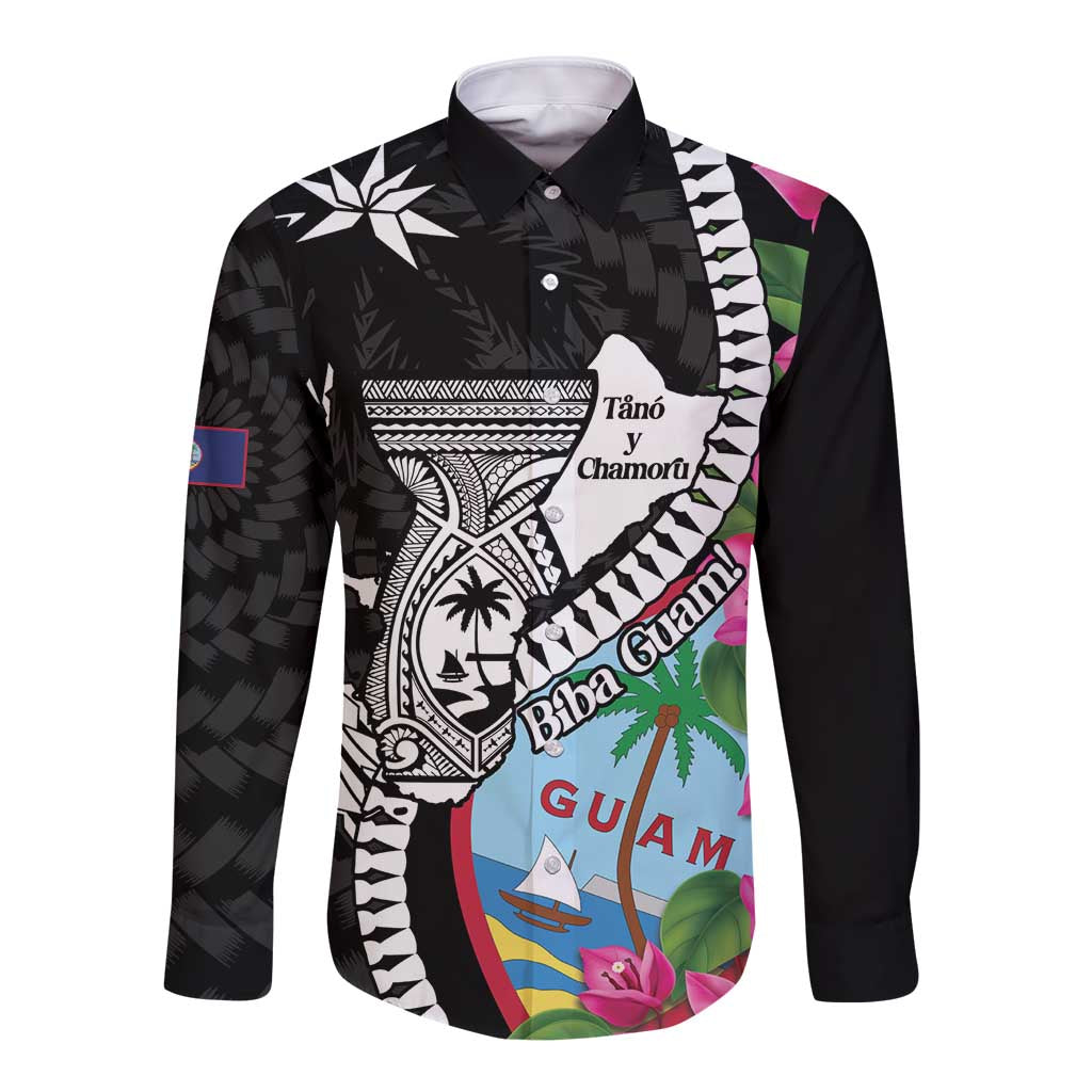 Biba Guam Liberation Day Long Sleeve Button Shirt Tano y Chamoru Latte Stone Black LT14 Unisex Black - Polynesian Pride