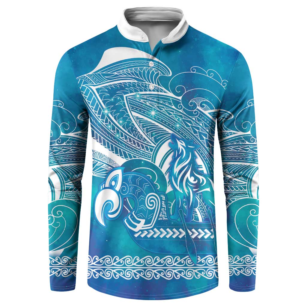 Kuri Dog Waka New Zealand Matariki Button Sweatshirt Ocean Sharks Maori Tattoo
