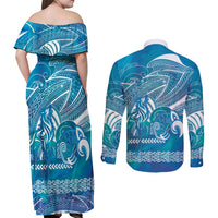 Kuri Dog Waka New Zealand Matariki Couples Matching Off Shoulder Maxi Dress and Long Sleeve Button Shirt Ocean Sharks Maori Tattoo