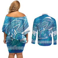 Kuri Dog Waka New Zealand Matariki Couples Matching Off Shoulder Short Dress and Long Sleeve Button Shirt Ocean Sharks Maori Tattoo