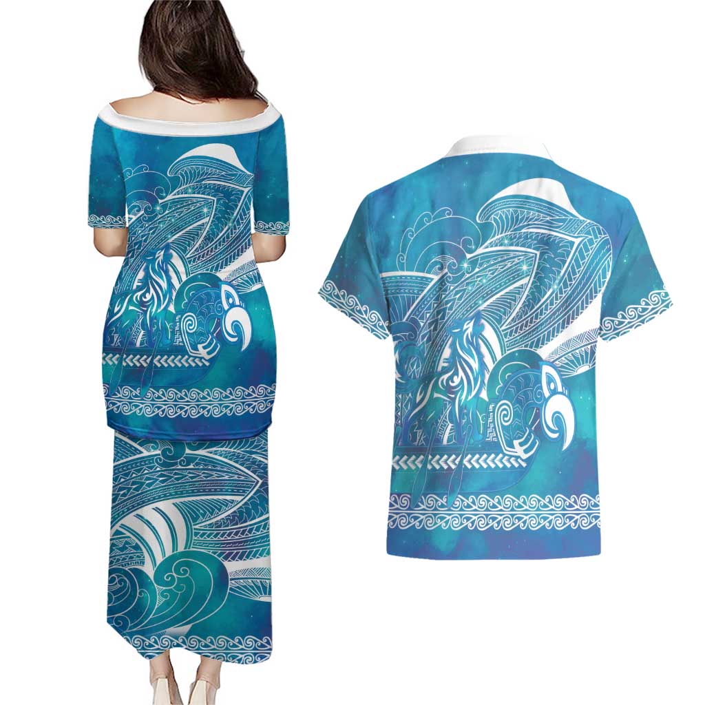 Kuri Dog Waka New Zealand Matariki Couples Matching Puletasi and Hawaiian Shirt Ocean Sharks Maori Tattoo