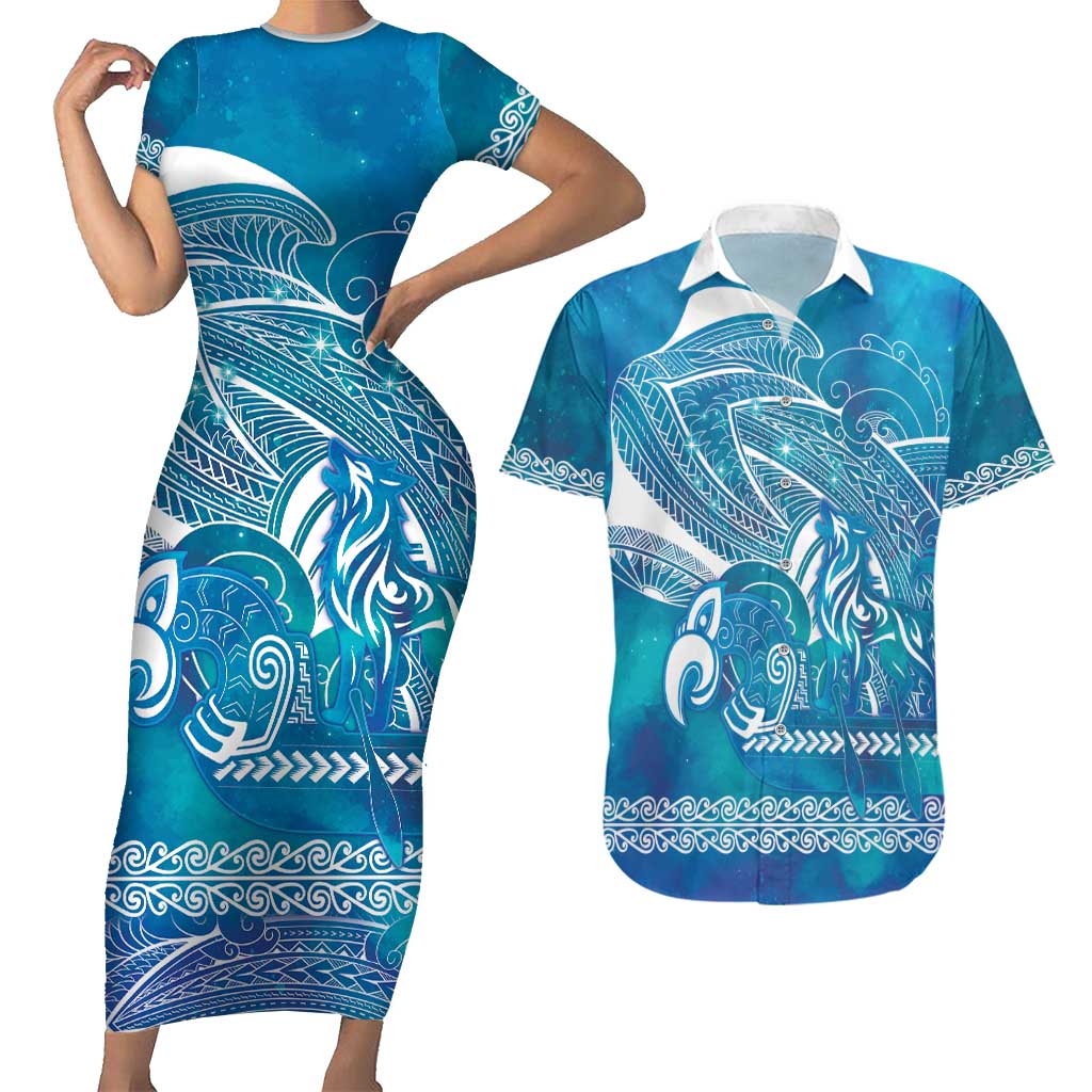 Kuri Dog Waka New Zealand Matariki Couples Matching Short Sleeve Bodycon Dress and Hawaiian Shirt Ocean Sharks Maori Tattoo