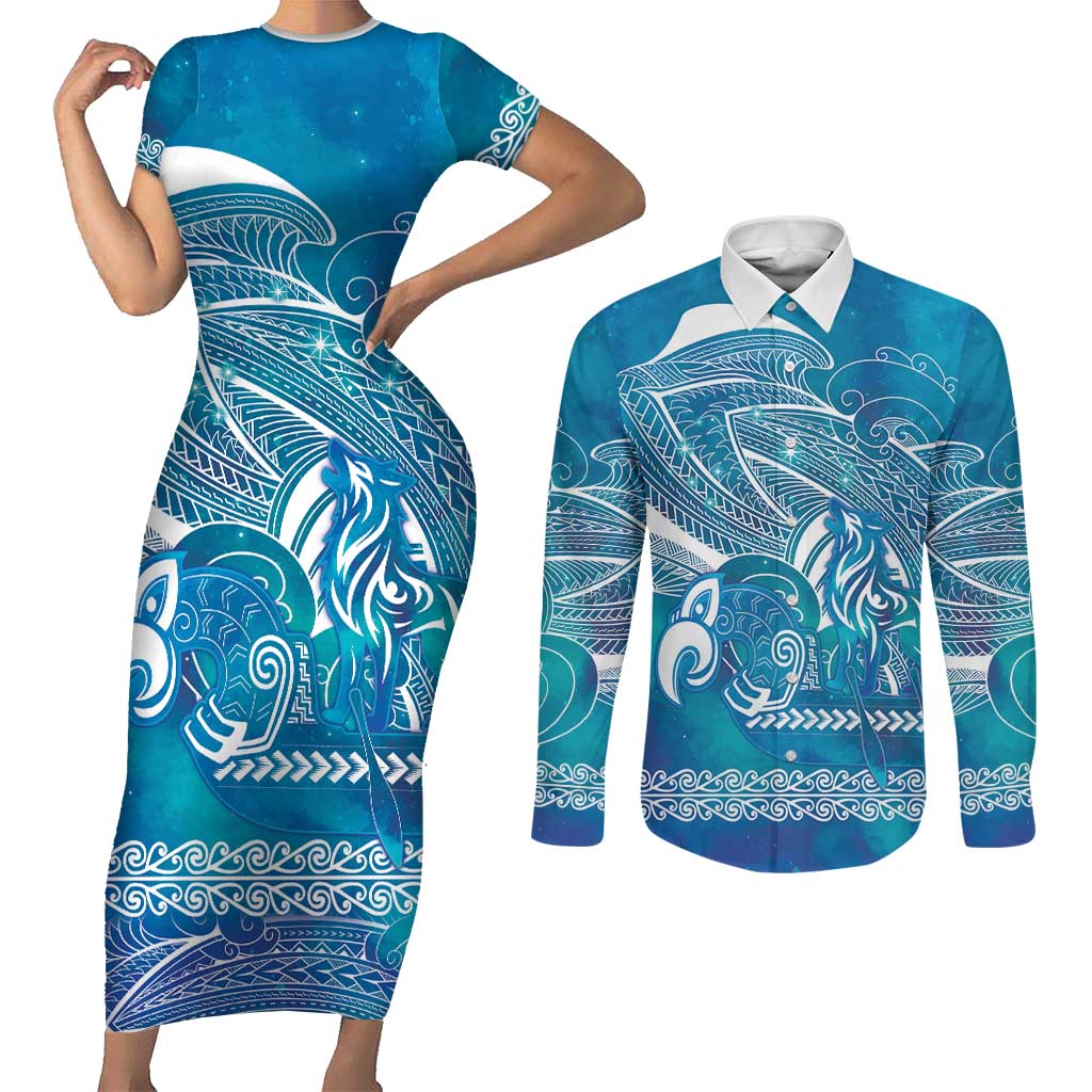 Kuri Dog Waka New Zealand Matariki Couples Matching Short Sleeve Bodycon Dress and Long Sleeve Button Shirt Ocean Sharks Maori Tattoo