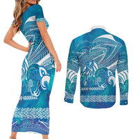 Kuri Dog Waka New Zealand Matariki Couples Matching Short Sleeve Bodycon Dress and Long Sleeve Button Shirt Ocean Sharks Maori Tattoo