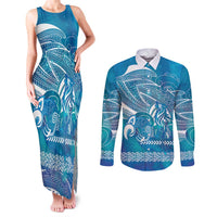 Kuri Dog Waka New Zealand Matariki Couples Matching Tank Maxi Dress and Long Sleeve Button Shirt Ocean Sharks Maori Tattoo LT14 Blue - Polynesian Pride