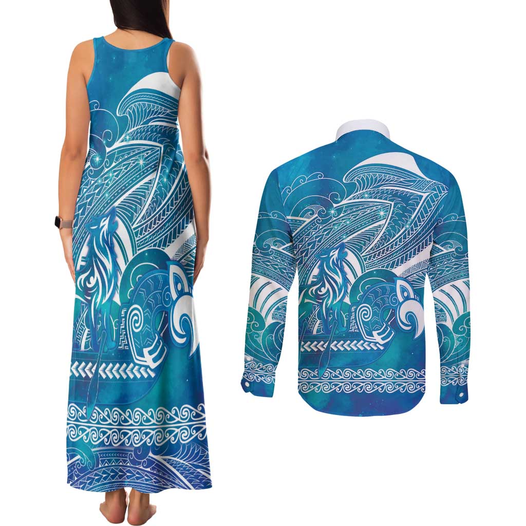 Kuri Dog Waka New Zealand Matariki Couples Matching Tank Maxi Dress and Long Sleeve Button Shirt Ocean Sharks Maori Tattoo LT14 - Polynesian Pride