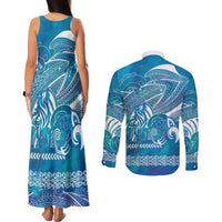 Kuri Dog Waka New Zealand Matariki Couples Matching Tank Maxi Dress and Long Sleeve Button Shirt Ocean Sharks Maori Tattoo LT14 - Polynesian Pride