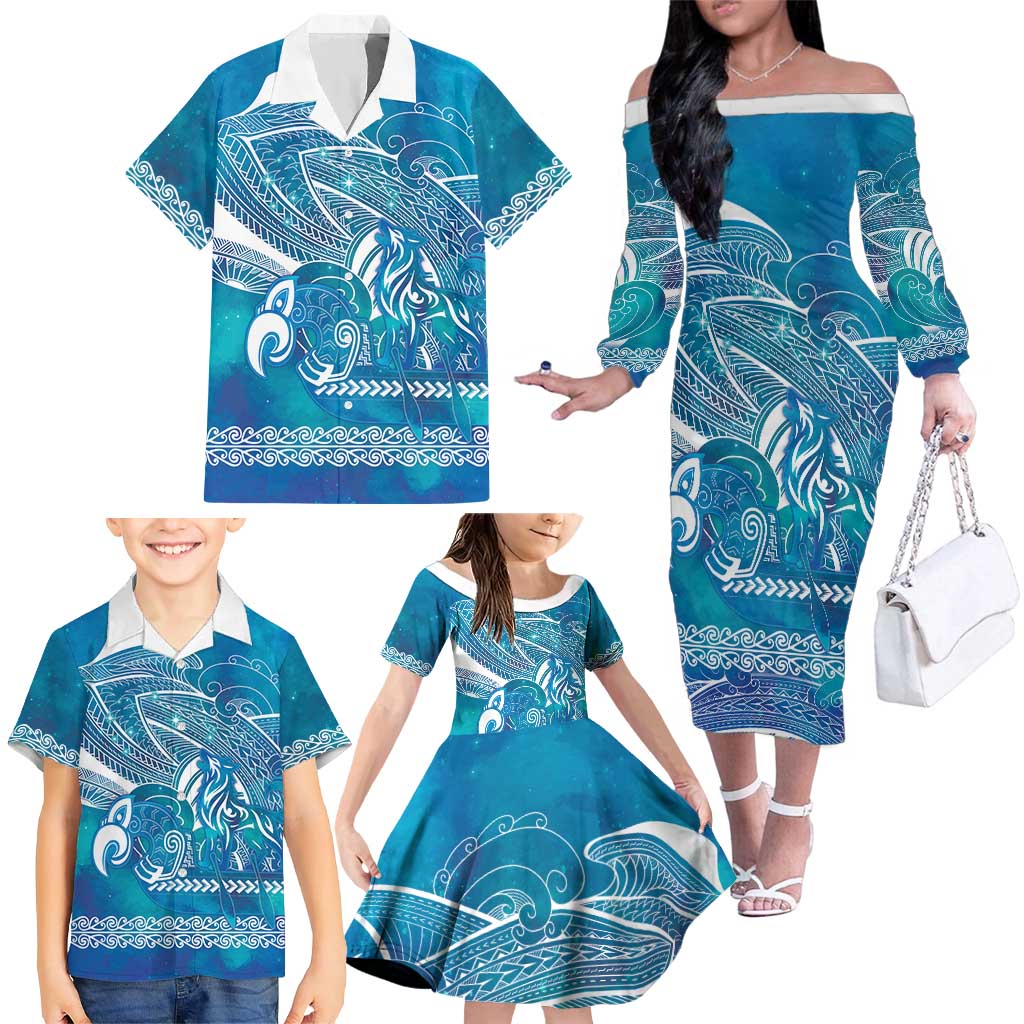 Kuri Dog Waka New Zealand Matariki Family Matching Off The Shoulder Long Sleeve Dress and Hawaiian Shirt Ocean Sharks Maori Tattoo
