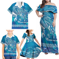 Kuri Dog Waka New Zealand Matariki Family Matching Off Shoulder Maxi Dress and Hawaiian Shirt Ocean Sharks Maori Tattoo