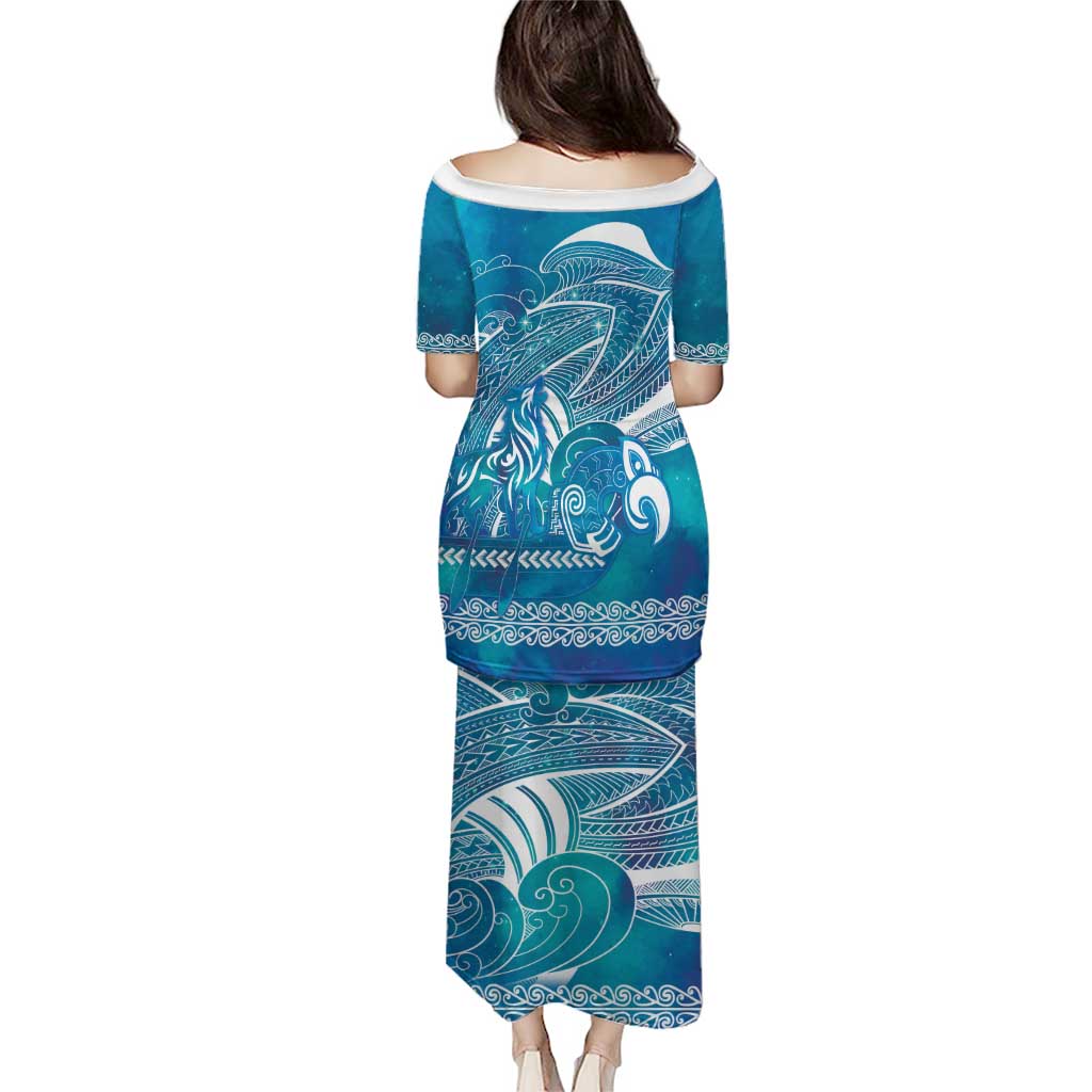 Kuri Dog Waka New Zealand Matariki Family Matching Puletasi and Hawaiian Shirt Ocean Sharks Maori Tattoo