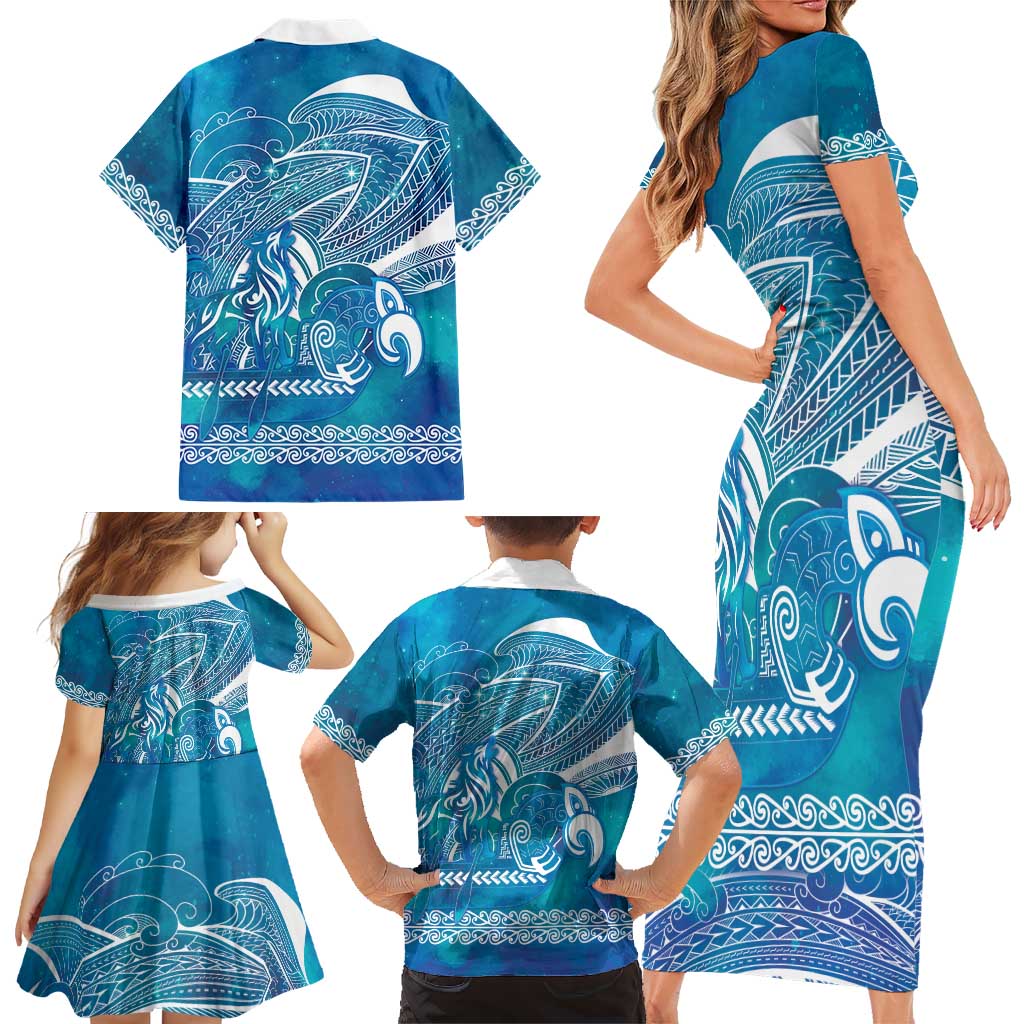 Kuri Dog Waka New Zealand Matariki Family Matching Short Sleeve Bodycon Dress and Hawaiian Shirt Ocean Sharks Maori Tattoo