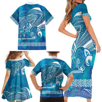 Kuri Dog Waka New Zealand Matariki Family Matching Short Sleeve Bodycon Dress and Hawaiian Shirt Ocean Sharks Maori Tattoo
