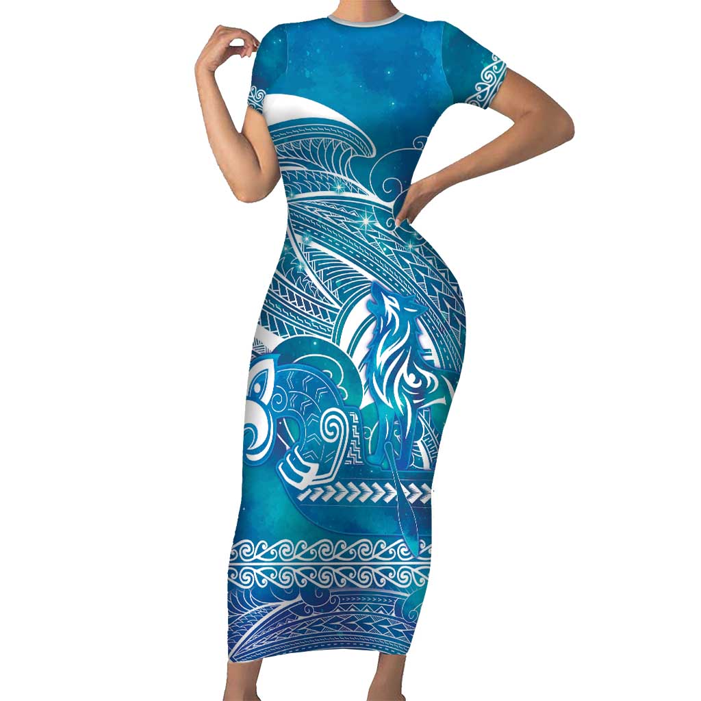 Kuri Dog Waka New Zealand Matariki Family Matching Short Sleeve Bodycon Dress and Hawaiian Shirt Ocean Sharks Maori Tattoo