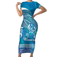 Kuri Dog Waka New Zealand Matariki Family Matching Short Sleeve Bodycon Dress and Hawaiian Shirt Ocean Sharks Maori Tattoo