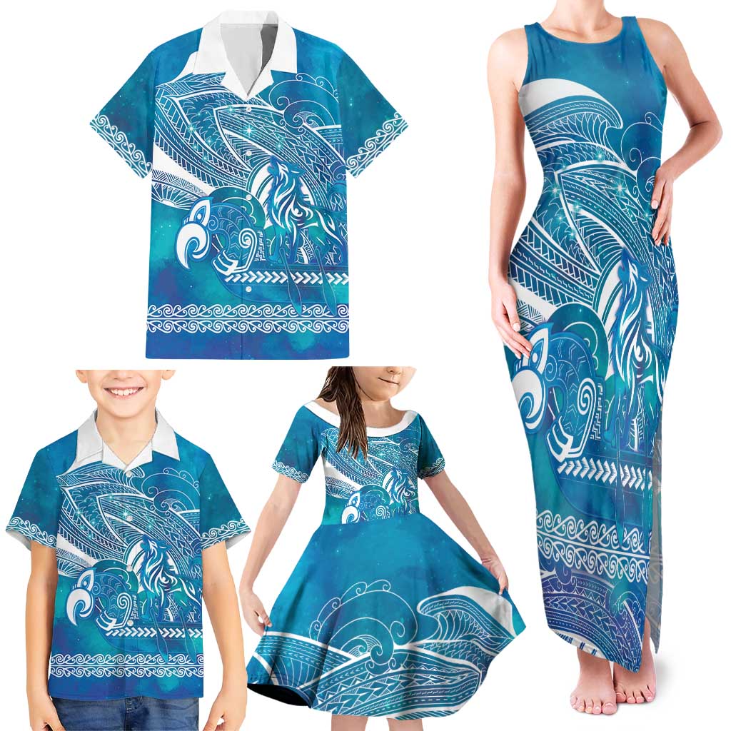 Kuri Dog Waka New Zealand Matariki Family Matching Tank Maxi Dress and Hawaiian Shirt Ocean Sharks Maori Tattoo