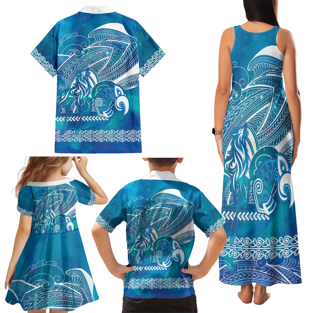 Kuri Dog Waka New Zealand Matariki Family Matching Tank Maxi Dress and Hawaiian Shirt Ocean Sharks Maori Tattoo