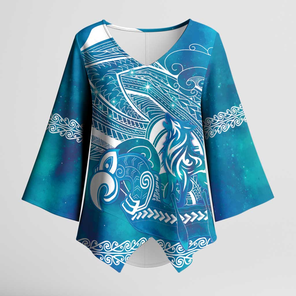 Kuri Dog Waka New Zealand Matariki Kimono Sleeve Blouse Ocean Sharks Maori Tattoo