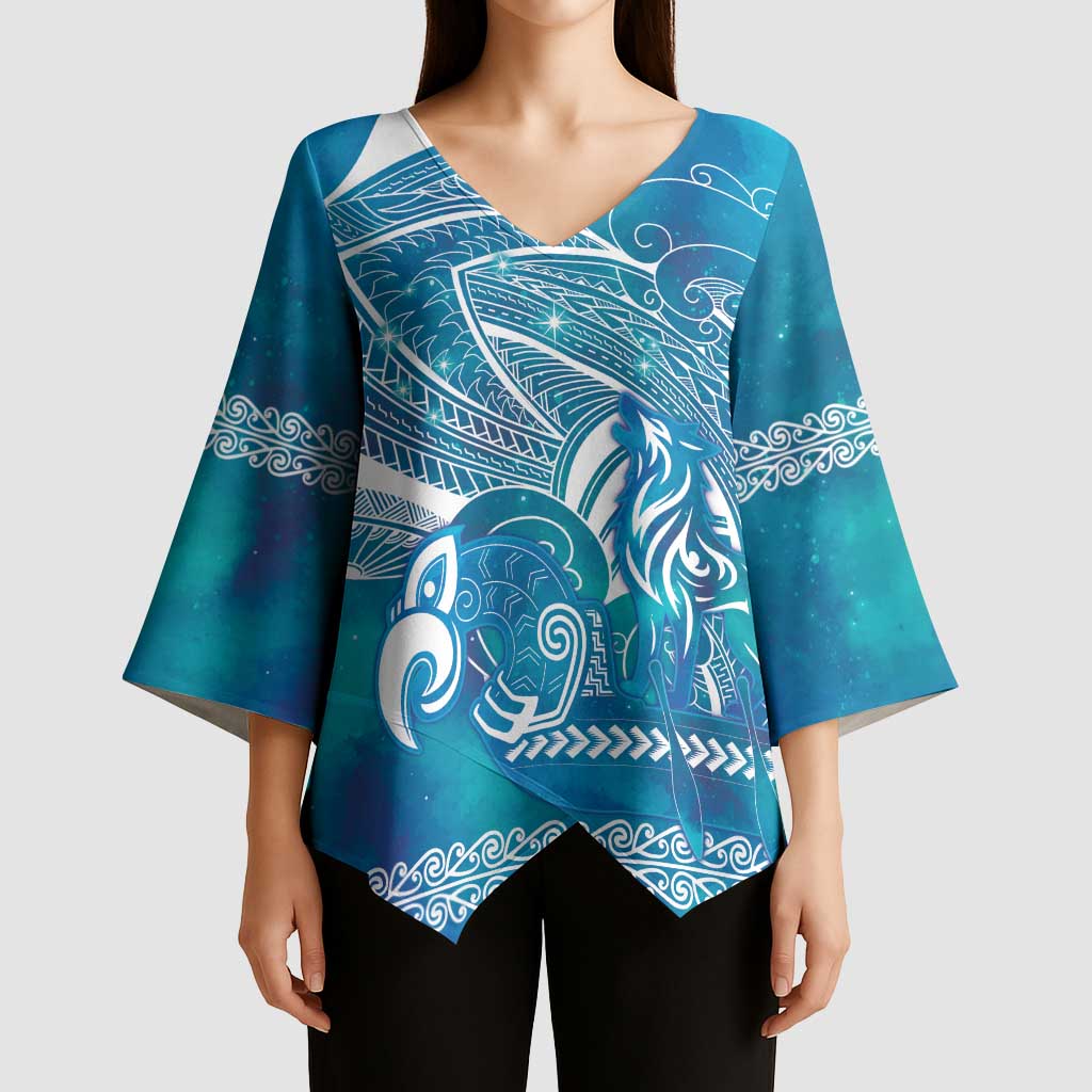 Kuri Dog Waka New Zealand Matariki Kimono Sleeve Blouse Ocean Sharks Maori Tattoo