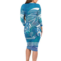 Kuri Dog Waka New Zealand Matariki Long Sleeve Bodycon Dress Ocean Sharks Maori Tattoo