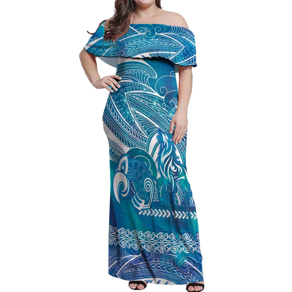 Kuri Dog Waka New Zealand Matariki Off Shoulder Maxi Dress Ocean Sharks Maori Tattoo