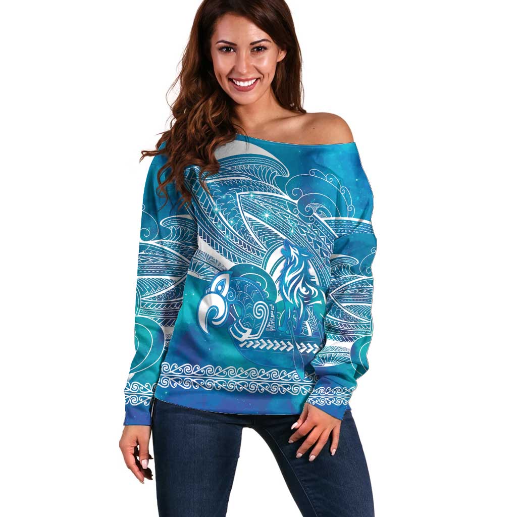 Kuri Dog Waka New Zealand Matariki Off Shoulder Sweater Ocean Sharks Maori Tattoo