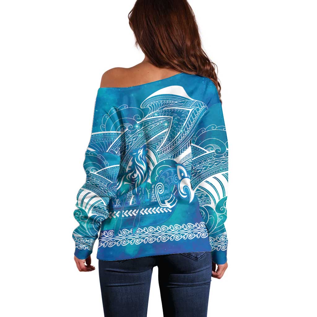 Kuri Dog Waka New Zealand Matariki Off Shoulder Sweater Ocean Sharks Maori Tattoo