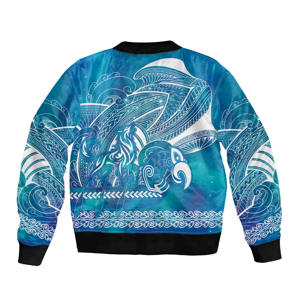 Kuri Dog Waka New Zealand Matariki Sleeve Zip Bomber Jacket Ocean Sharks Maori Tattoo