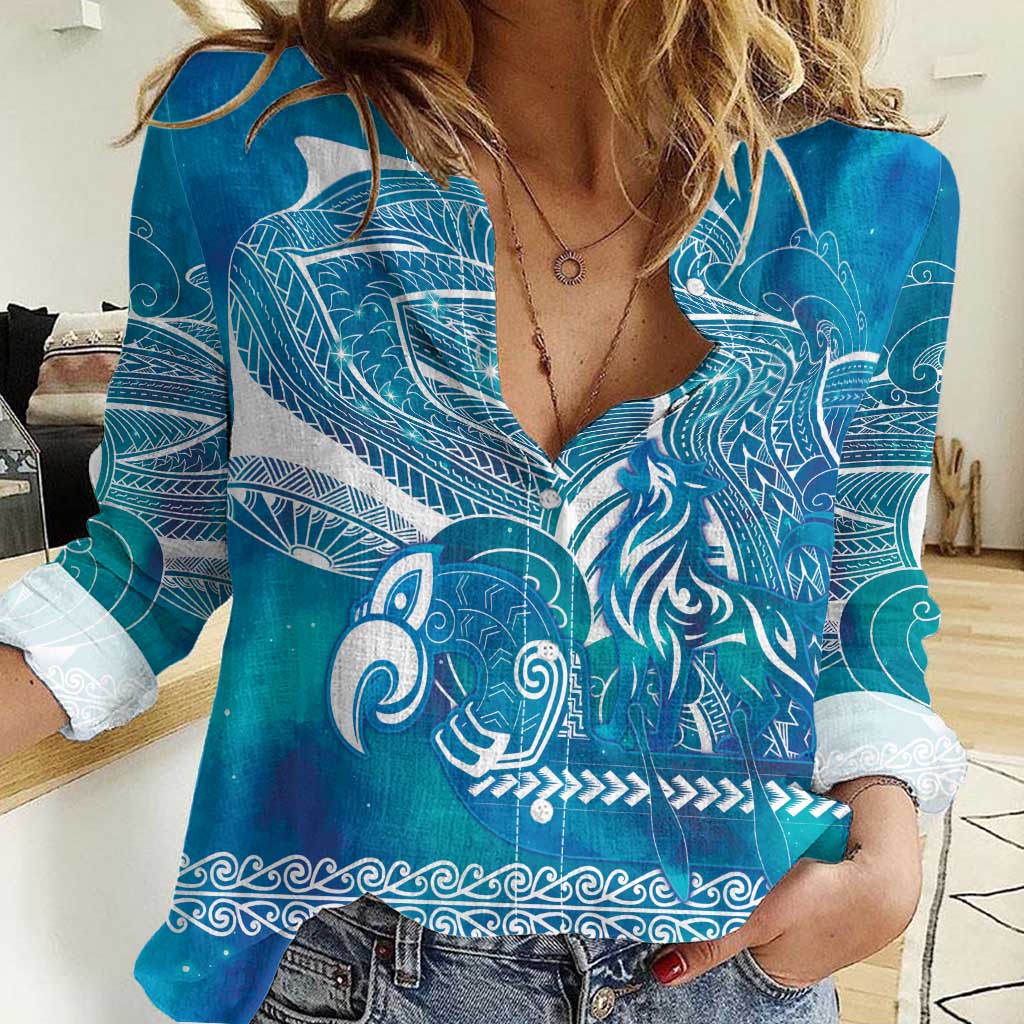 Kuri Dog Waka New Zealand Matariki Women Casual Shirt Ocean Sharks Maori Tattoo LT14 Female Blue - Polynesian Pride