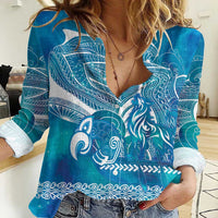Kuri Dog Waka New Zealand Matariki Women Casual Shirt Ocean Sharks Maori Tattoo LT14 Female Blue - Polynesian Pride