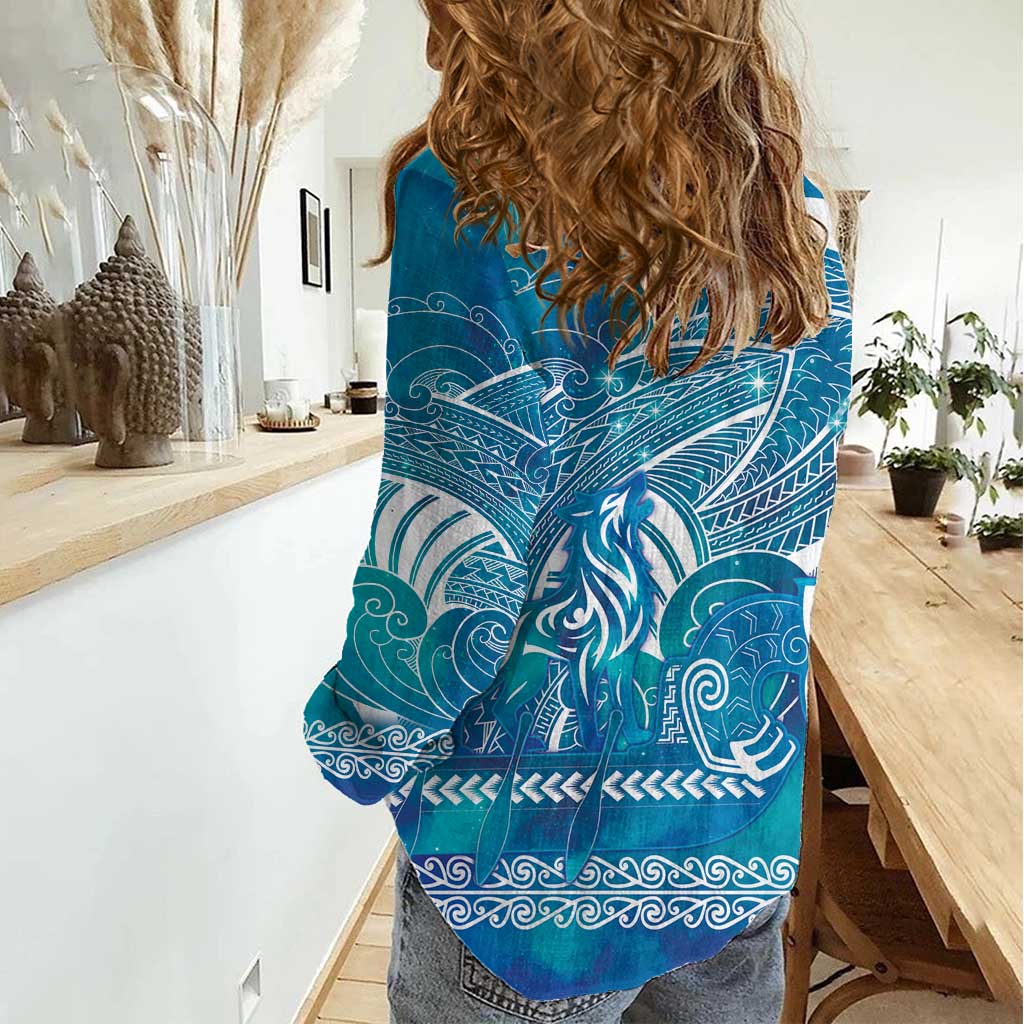 Kuri Dog Waka New Zealand Matariki Women Casual Shirt Ocean Sharks Maori Tattoo LT14 - Polynesian Pride