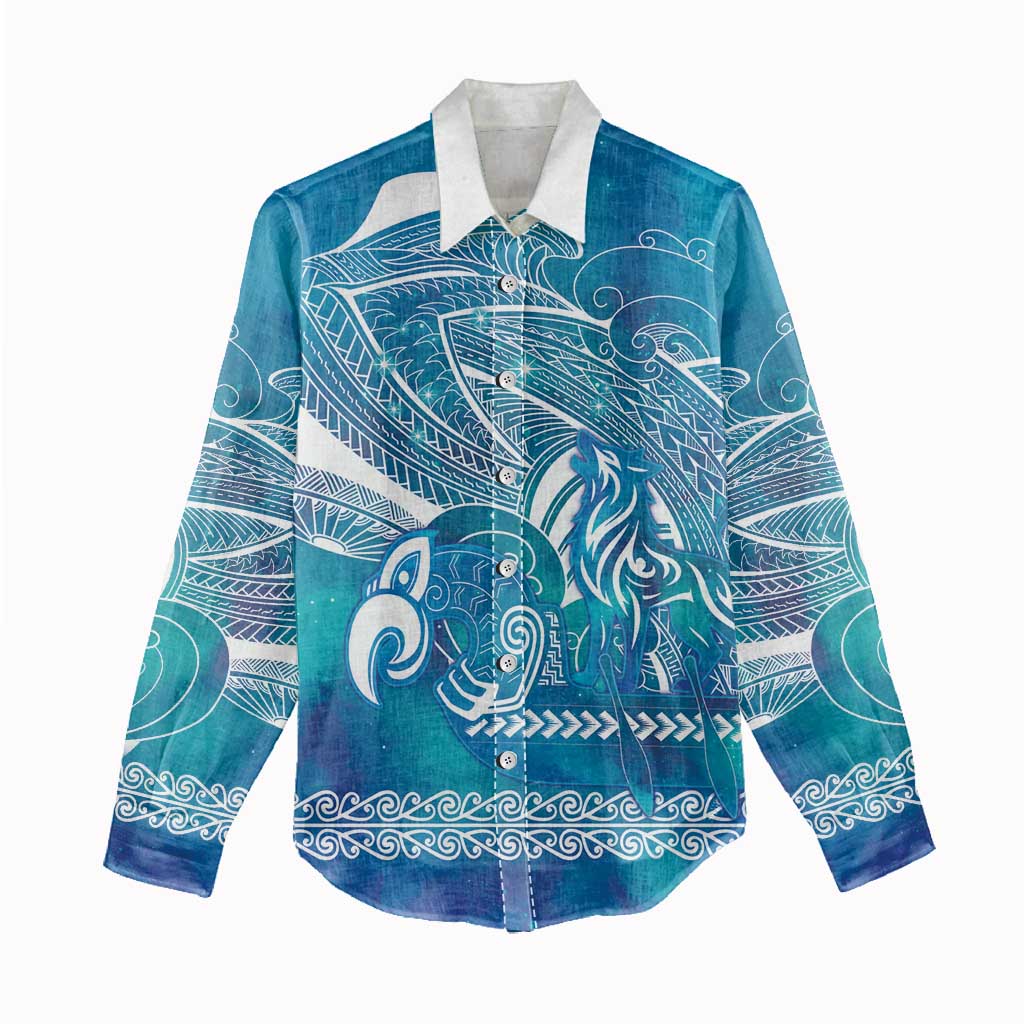 Kuri Dog Waka New Zealand Matariki Women Casual Shirt Ocean Sharks Maori Tattoo LT14 - Polynesian Pride