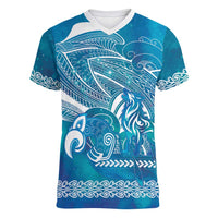 Kuri Dog Waka New Zealand Matariki Women V-Neck T-Shirt Ocean Sharks Maori Tattoo