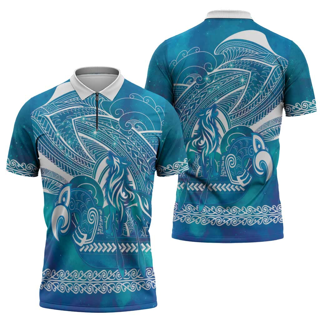 Kuri Dog Waka New Zealand Matariki Zipper Polo Shirt Ocean Sharks Maori Tattoo