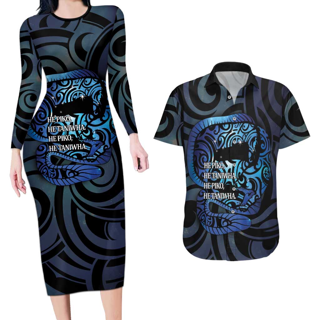 Tuna Eel New Zealand Matariki Couples Matching Long Sleeve Bodycon Dress and Hawaiian Shirt He Piko He Taniwha Maori Pattern