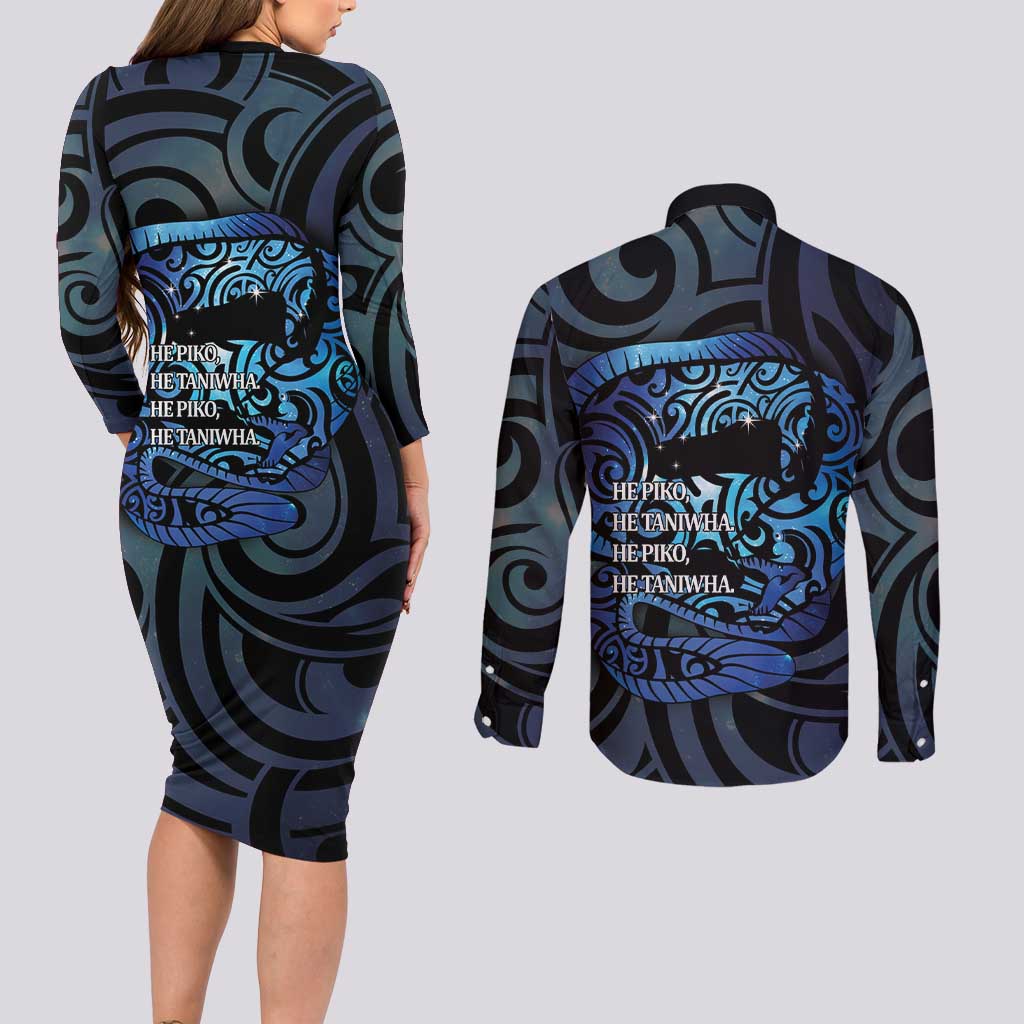 Tuna Eel New Zealand Matariki Couples Matching Long Sleeve Bodycon Dress and Long Sleeve Button Shirt He Piko He Taniwha Maori Pattern