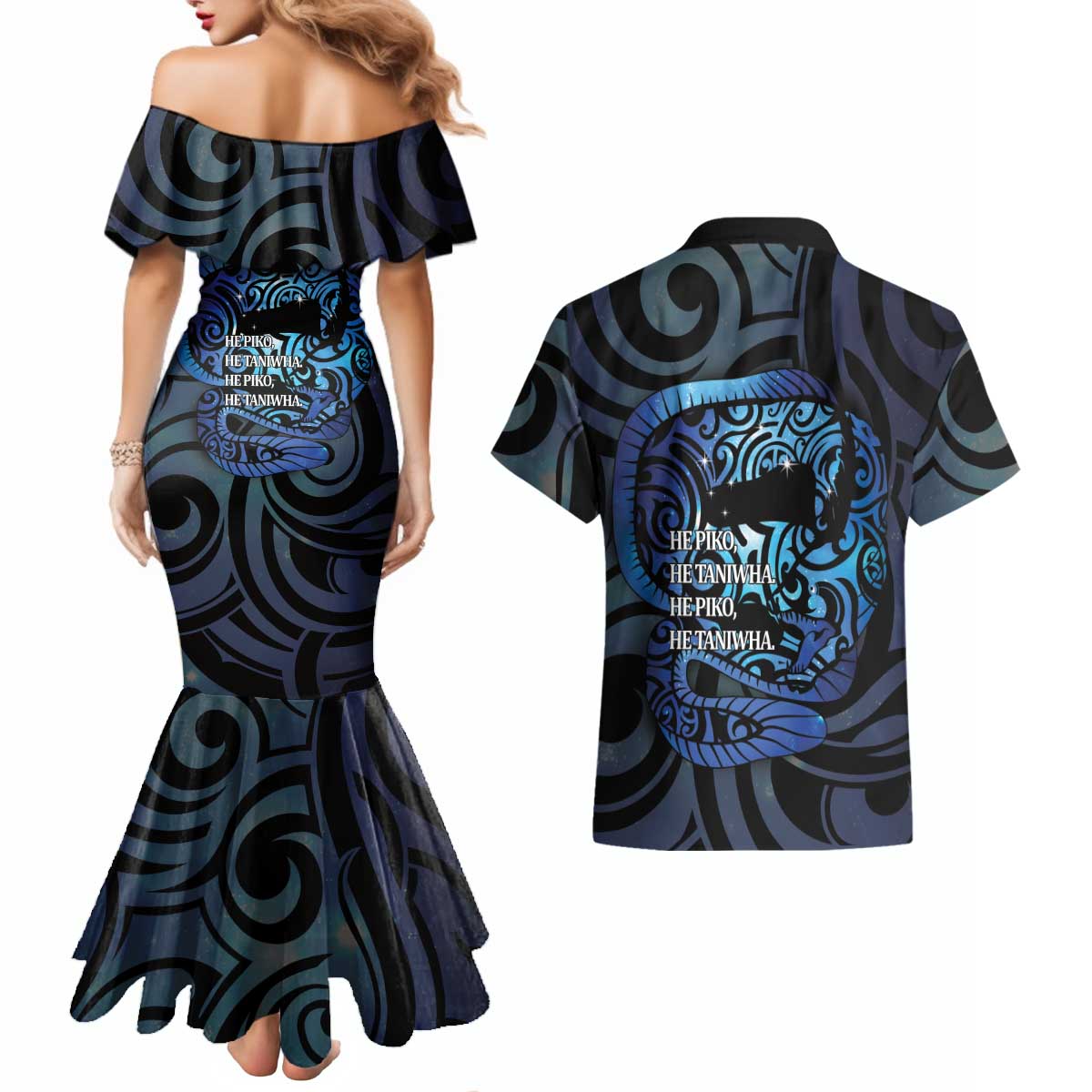 Tuna Eel New Zealand Matariki Couples Matching Mermaid Dress and Hawaiian Shirt He Piko He Taniwha Maori Pattern