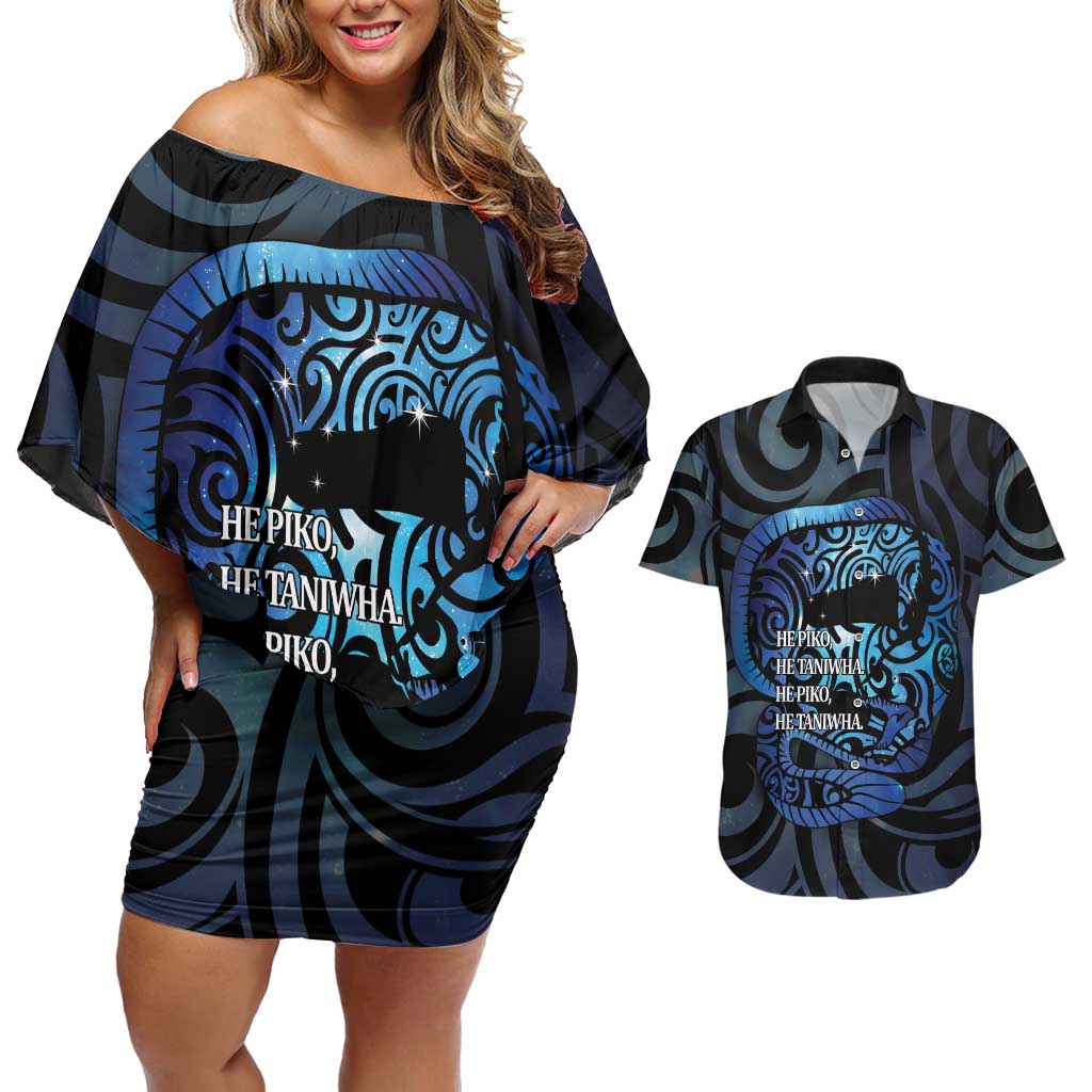 Tuna Eel New Zealand Matariki Couples Matching Off Shoulder Short Dress and Hawaiian Shirt He Piko He Taniwha Maori Pattern