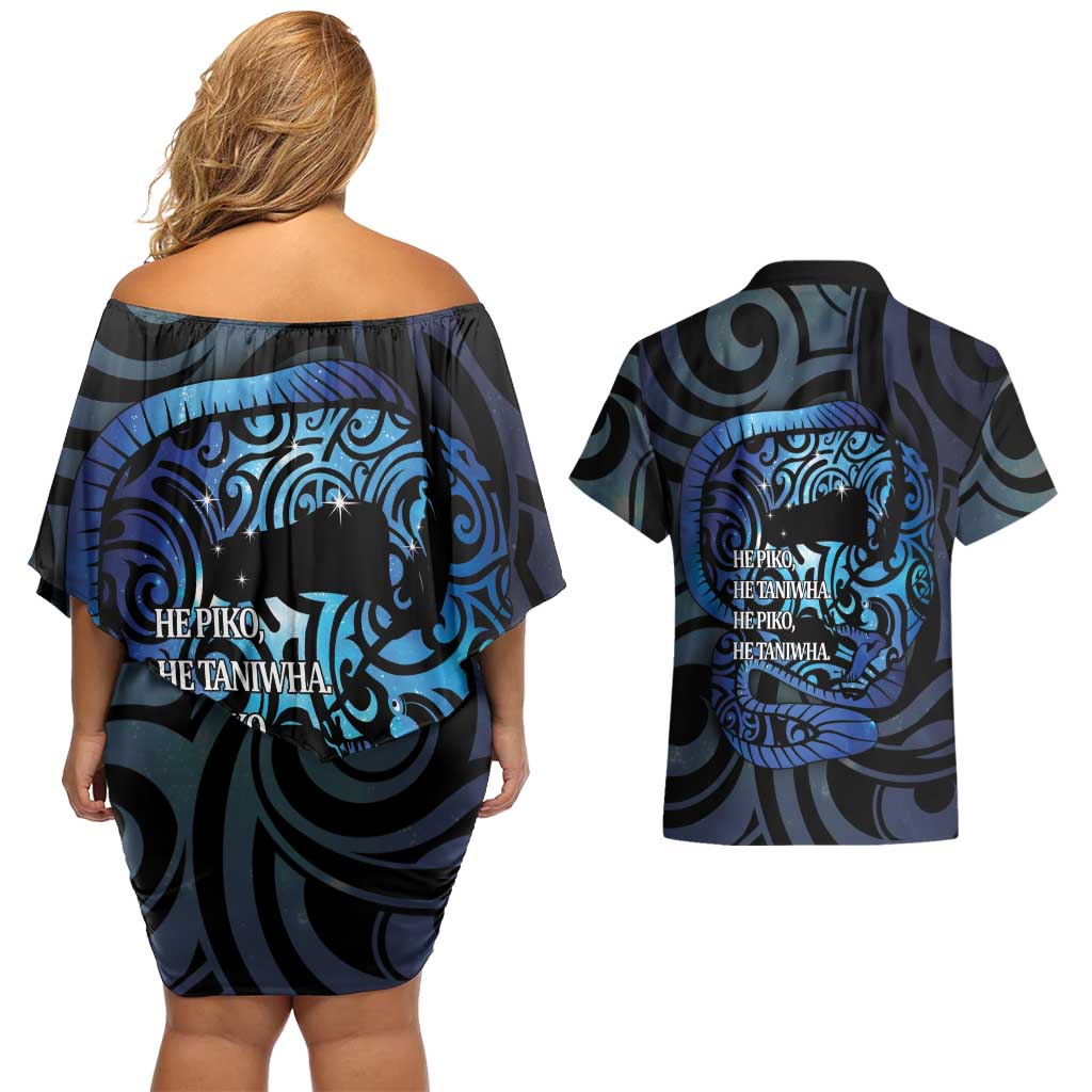 Tuna Eel New Zealand Matariki Couples Matching Off Shoulder Short Dress and Hawaiian Shirt He Piko He Taniwha Maori Pattern