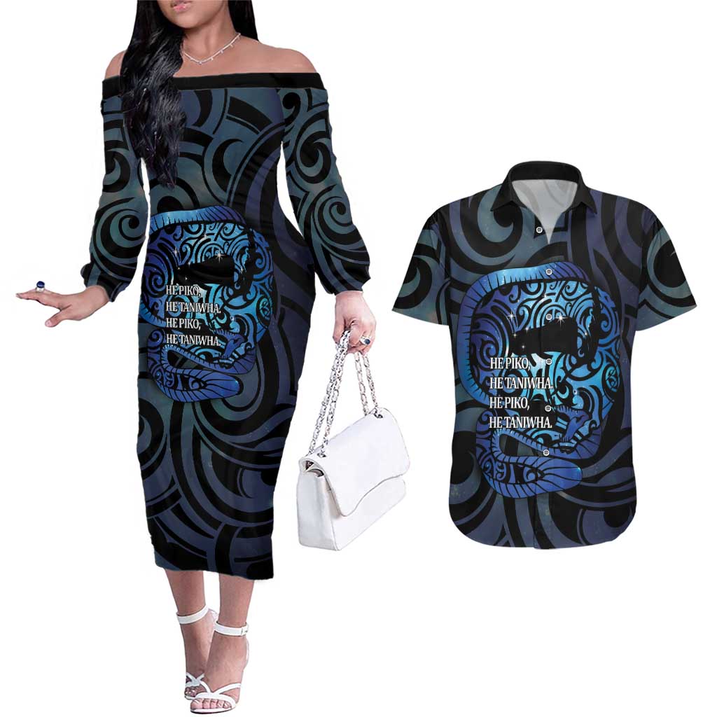 Tuna Eel New Zealand Matariki Couples Matching Off The Shoulder Long Sleeve Dress and Hawaiian Shirt He Piko He Taniwha Maori Pattern