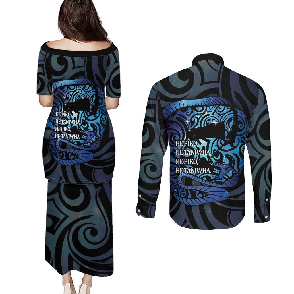 Tuna Eel New Zealand Matariki Couples Matching Puletasi and Long Sleeve Button Shirt He Piko He Taniwha Maori Pattern